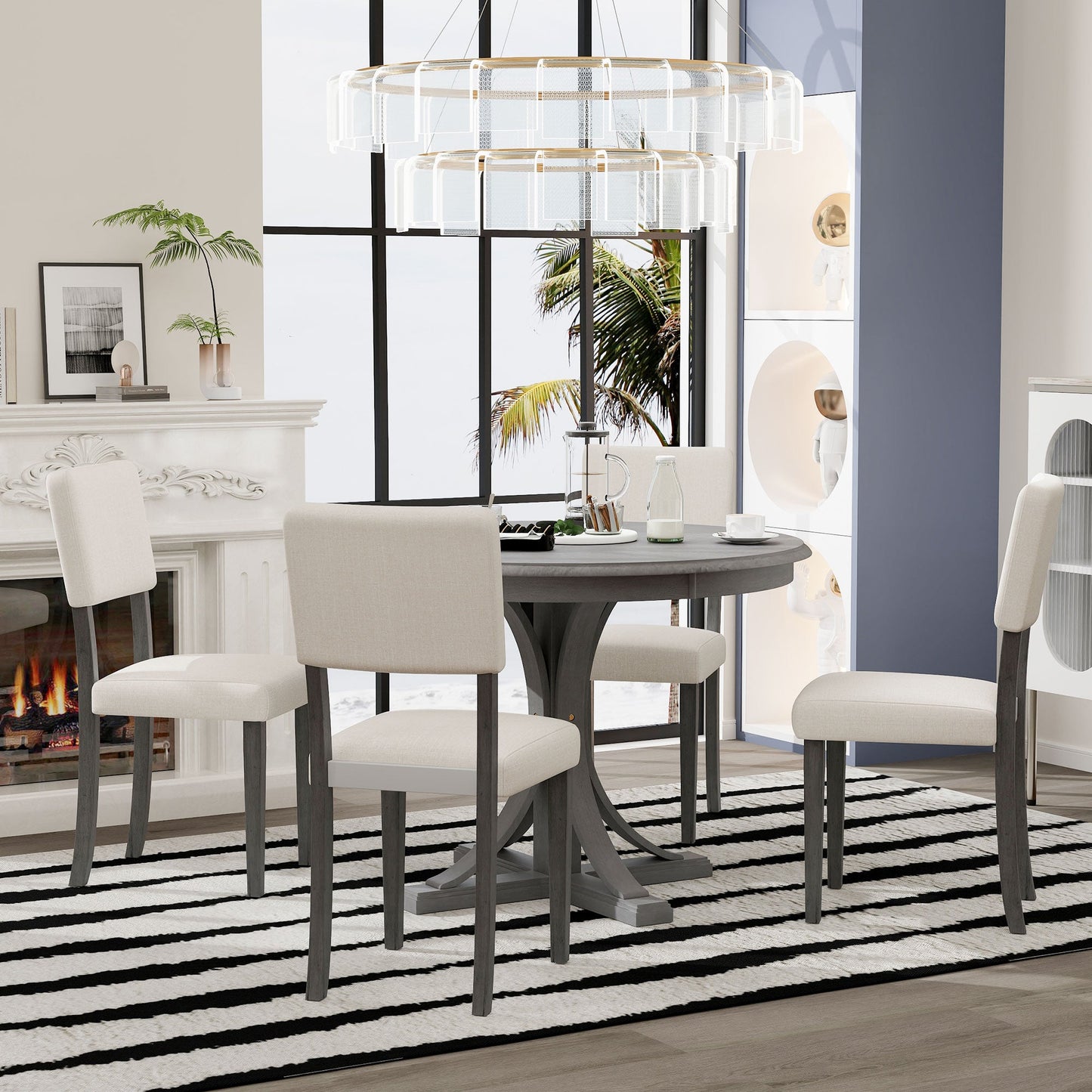 TREXM Five Piece Retro Round Dining Table Set with Curved Brackets and 4 Restaurant Cushioned Chairs (Dark Gray)