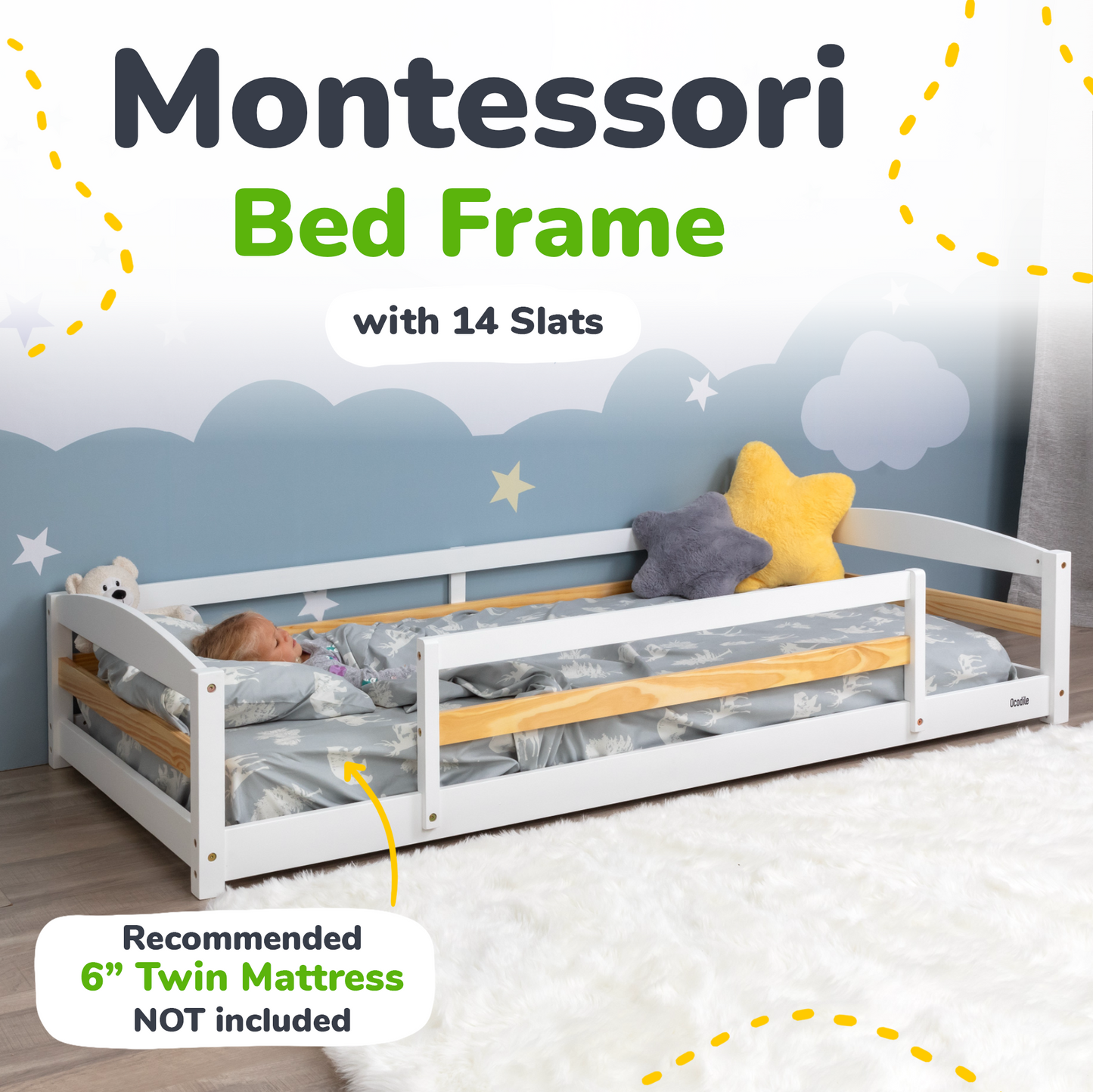 Twin Floor Bed with Safety Guardrails for Kids(Montessori Inspired)
