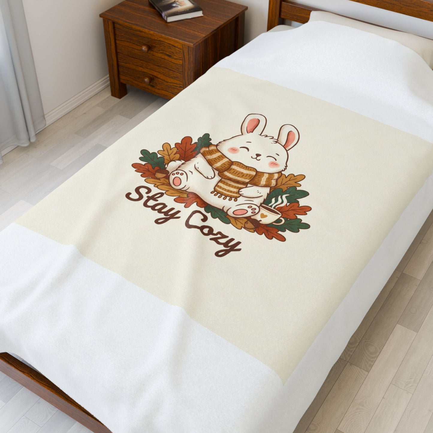Stay Cozy Bunny, Plush Blanket | cute animal illustration, winter forest art