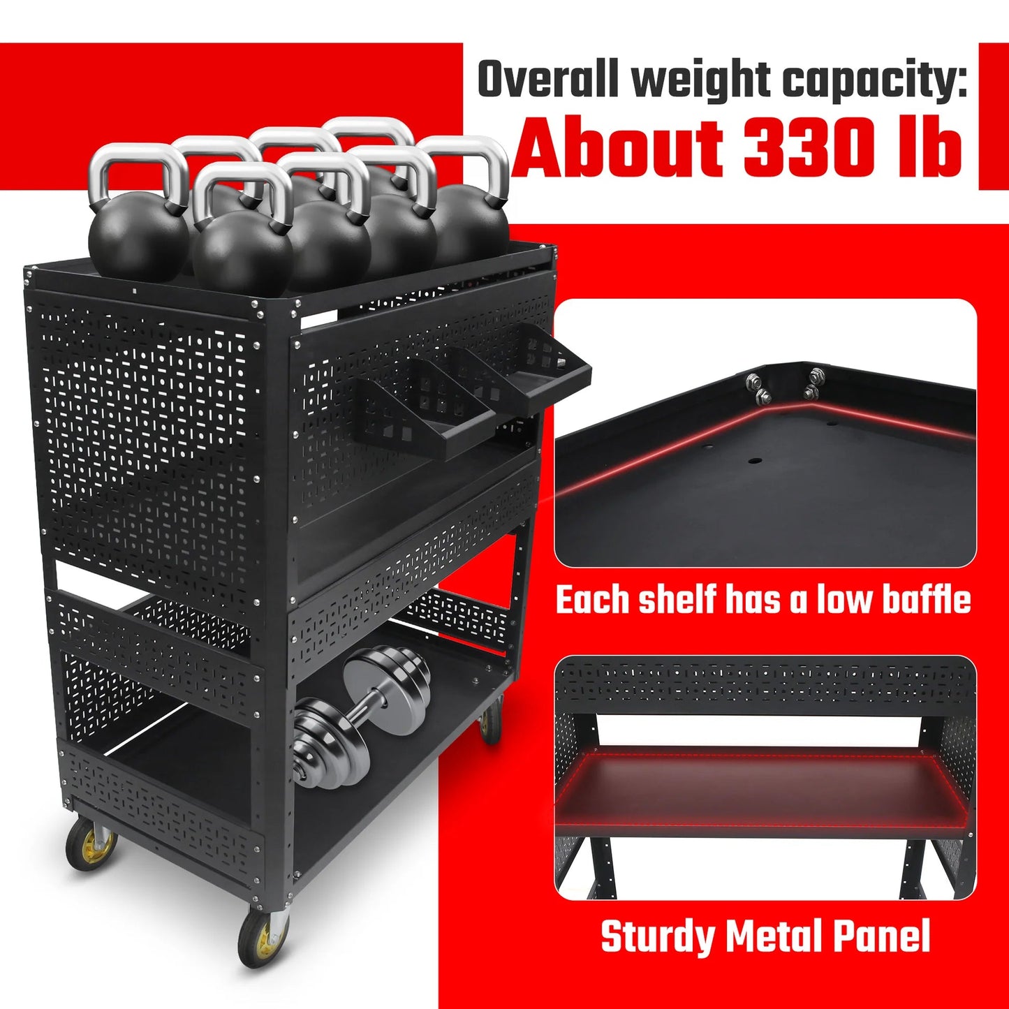 3-Tier Adjustable Rolling Tool Cart | Garage & Workshop Organizer w/ Steel Pegboard