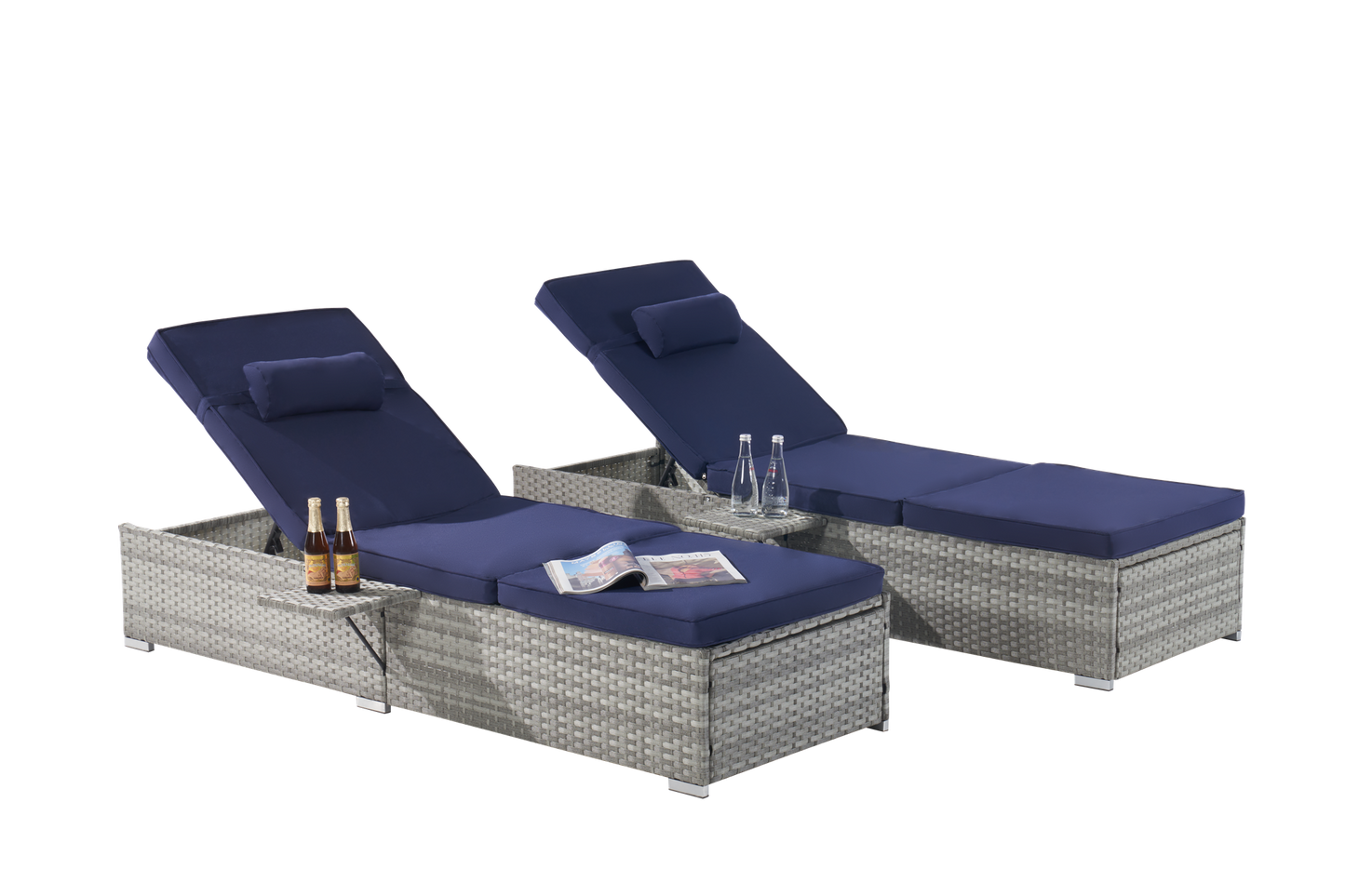Outdoor PE Rattan Chaise Lounge Set of 2 with Table – Adjustable Patio
