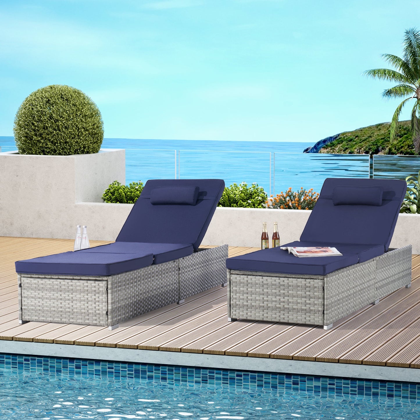 Outdoor PE Rattan Chaise Lounge Set of 2 with Table – Adjustable Patio