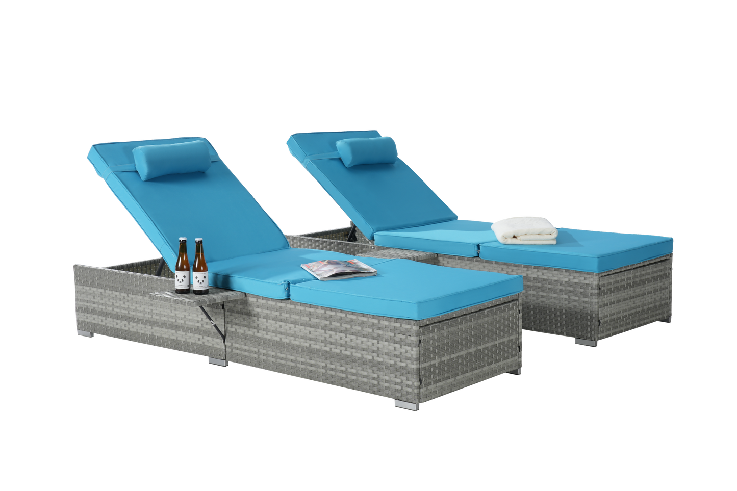 Outdoor PE Rattan Chaise Lounge Set of 2 with Table – Adjustable Patio