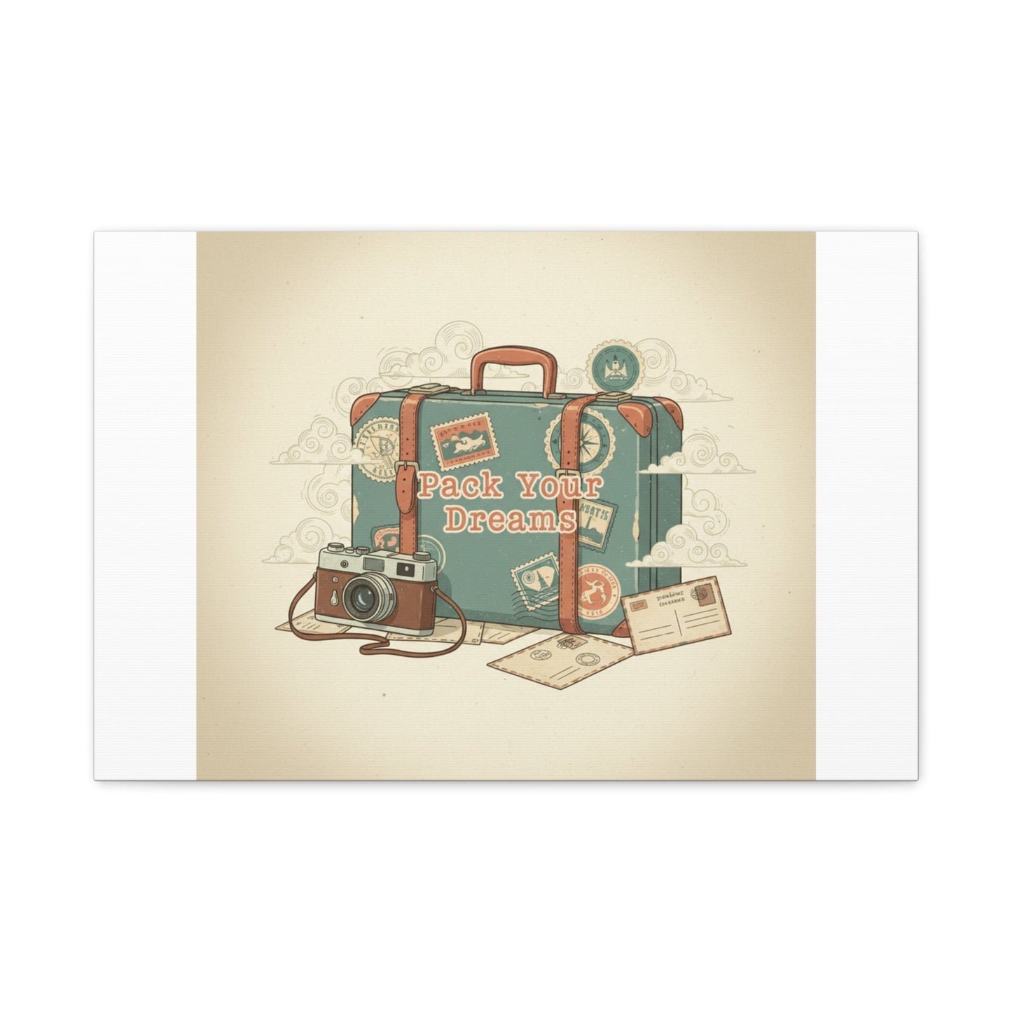 Pack Your Dreams Canvas | Retro Travel Postcard, Wanderlust Passport Stamp Art