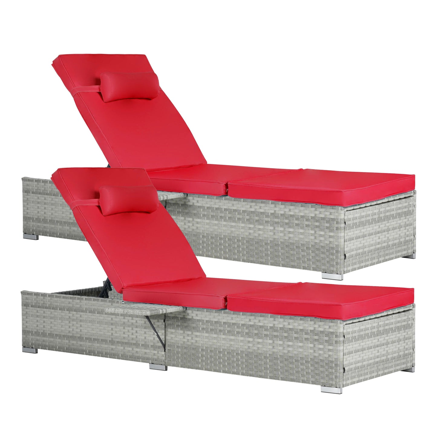 Outdoor PE Rattan Chaise Lounge Set of 2 with Table – Adjustable Patio