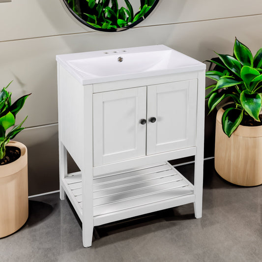 24" White Modern Sleek Bathroom Vanity Elegant Ceramic Sink with Solid Wood Frame Open Style Shelf