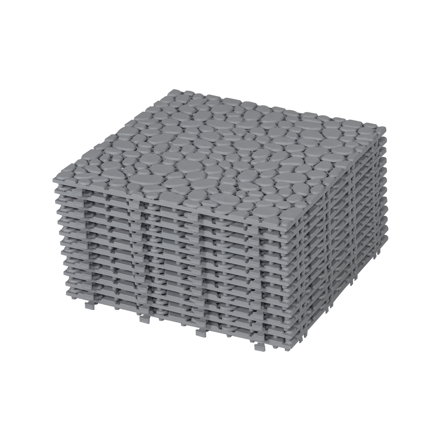 12 x 12 inch gray interlocking deck tiles, plastic waterproof pebble pattern, pack of 12 pieces