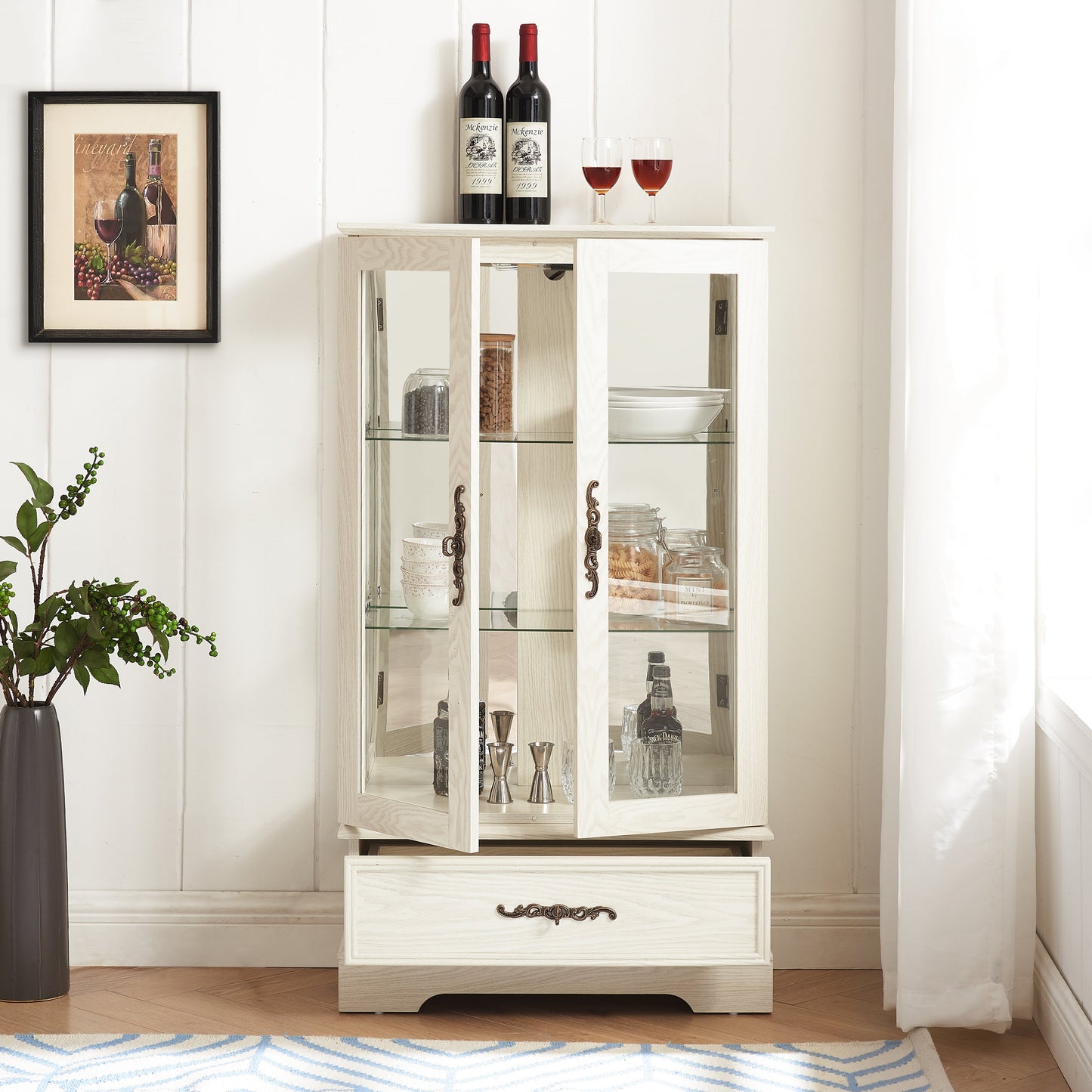 Light colored glass cabinet Curio display cabinet with adjustable glass frame, 2 doors and 1 drawer, including white light bulbs