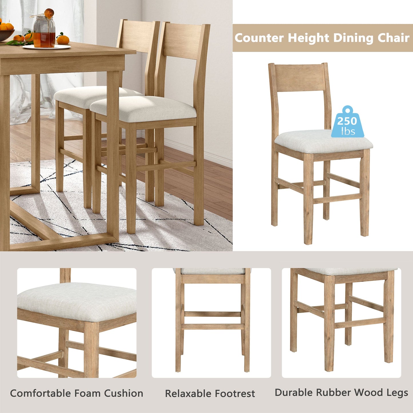 TOPMAX farmhouse countertop height 5-piece dining table set with 1 rectangular dining table and 4 brown dining chairs