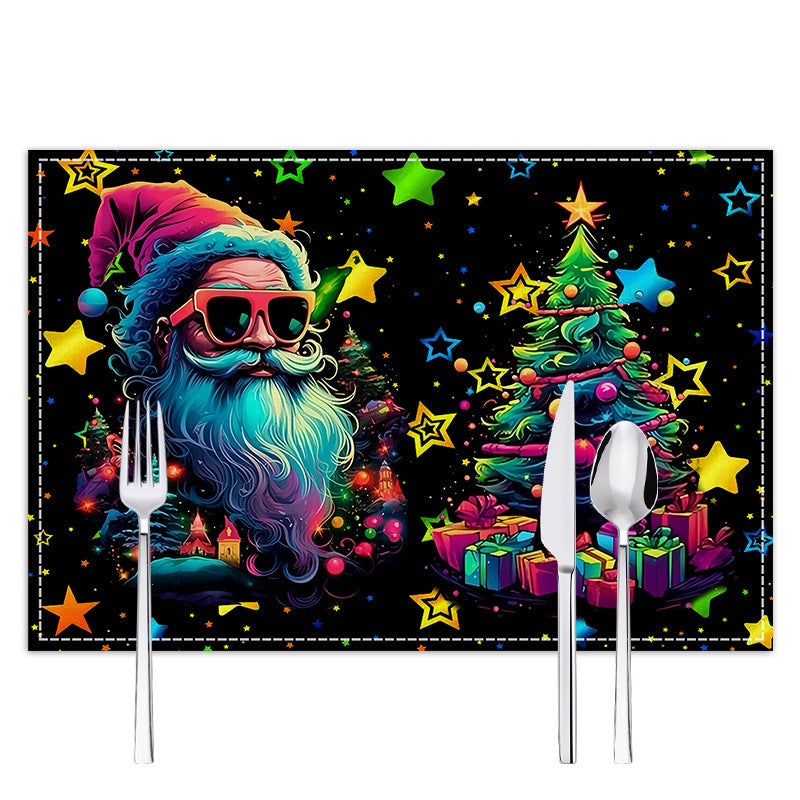 Christmas table mat with white linen starry sky and Santa Claus print