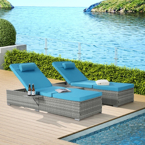 Outdoor PE Rattan Chaise Lounge Set of 2 with Table – Adjustable Patio