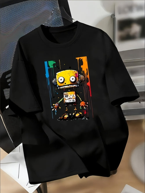 Geometric Fun, Boys' Colorful Robot Graphic Tee - Casual Crew Neck,