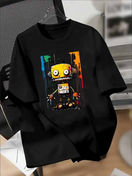 Geometric Fun, Boys' Colorful Robot Graphic Tee - Casual Crew Neck,