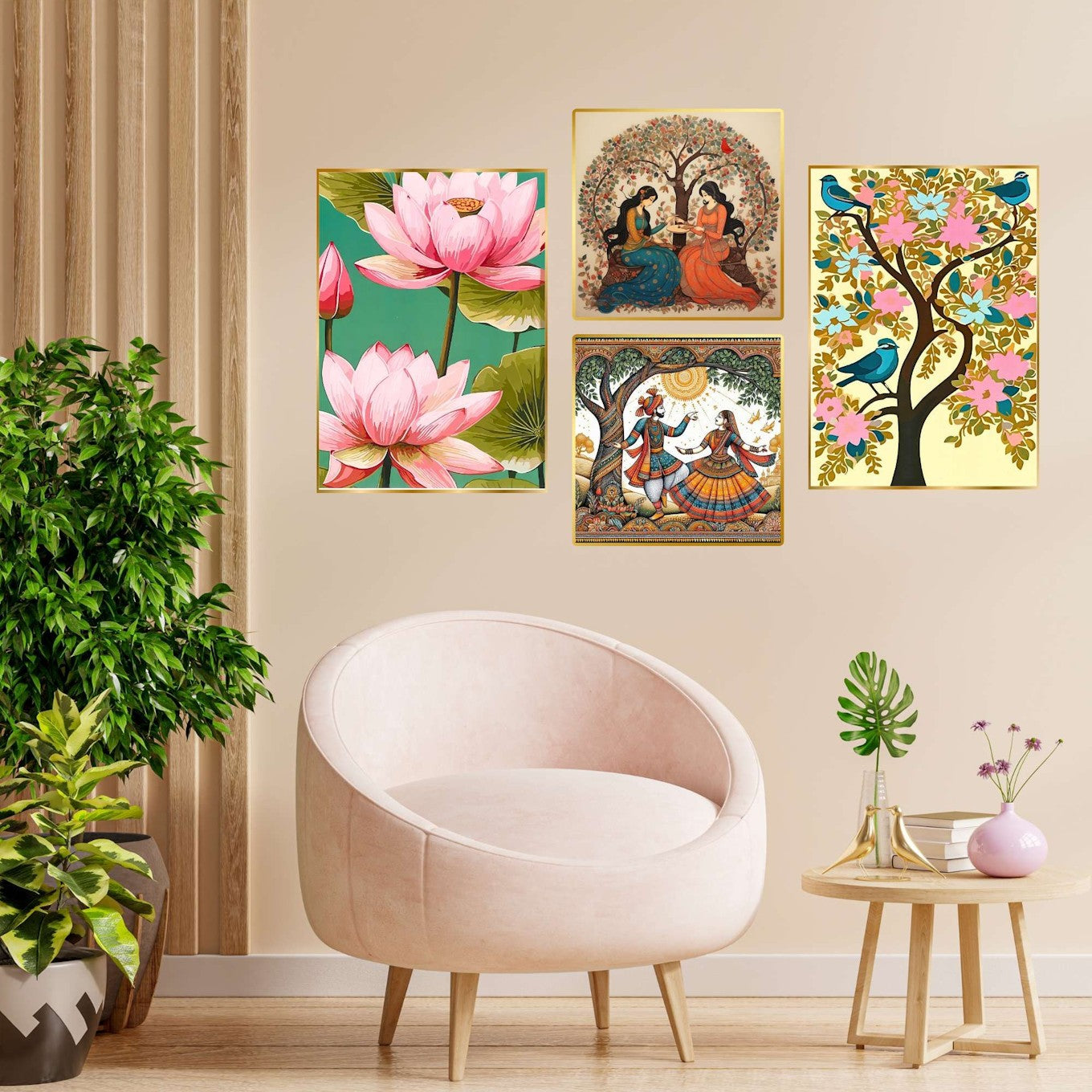 Set of 4 Lotus and Radha Krishna Wall Art Canvas